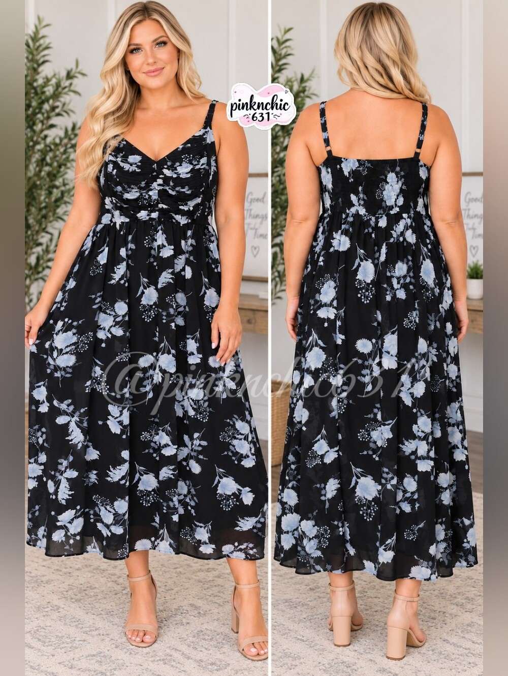 Torrid Size 2 16-18 Black Blue Floral Boho Ruched Bust Smocked Back Maxi Dress